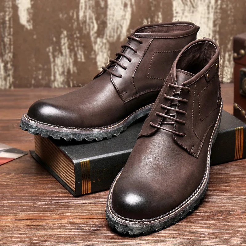 

Mens Short Boots Autumn Winter British Retro High Quality Genuine Leather Cowhide Riding boots Cowboy Boots Men Plush Velvet