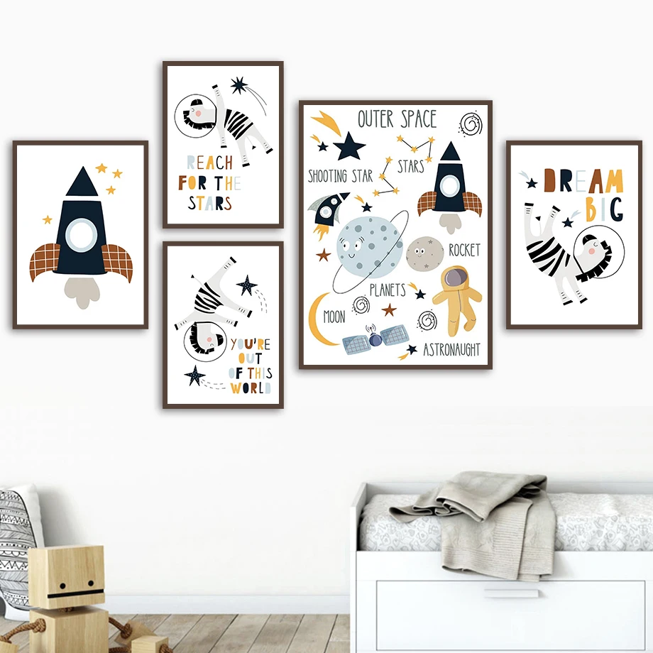 

Cartoon Rocket Space Planets Astronaut Zebra Wall Art Canvas Painting Nordic Posters and Prints Wall Pictures Kids Room Decor