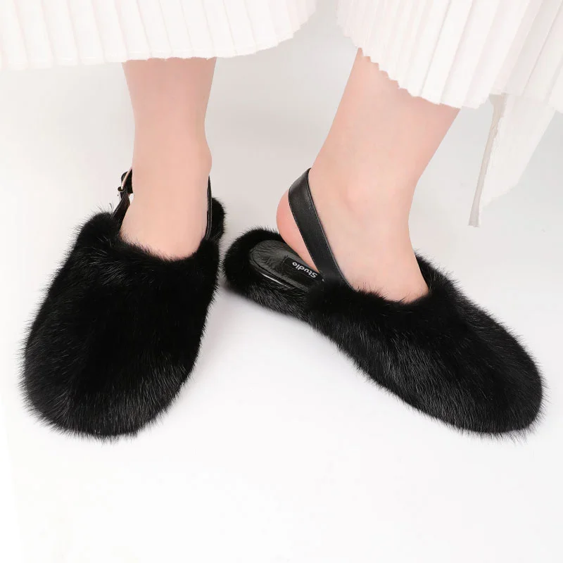 

2021 Spring And Autumn Slippers Real Mink Toe Flat Shoes Outdoor Shoes Ladies Fur Slippers