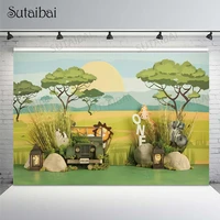 jungle safari scenic photographic backdrops green grassland car child photocall poster baby 1st birthday photo backgrounds props
