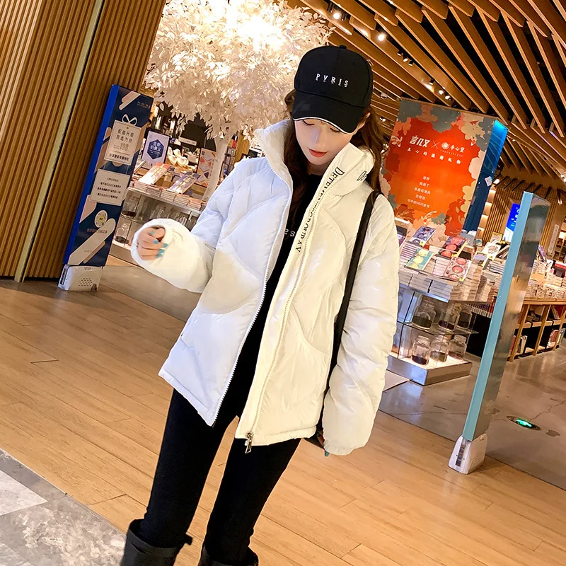 

Down Cotton Jacket Stand Collar Padded Jackets Winter Women's Shiny Korean Thick Short Coat Fluorescent Color Warm Zipper Coats