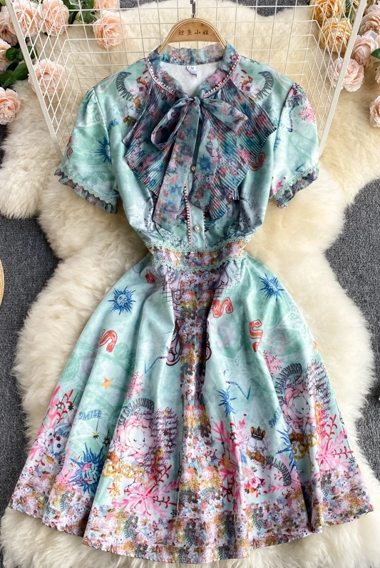 

Bohemian Retro Print Flowers Bowknot Stitching Flowers Party Elegant Temperament beach Mini Dresses women summer vestidos robe