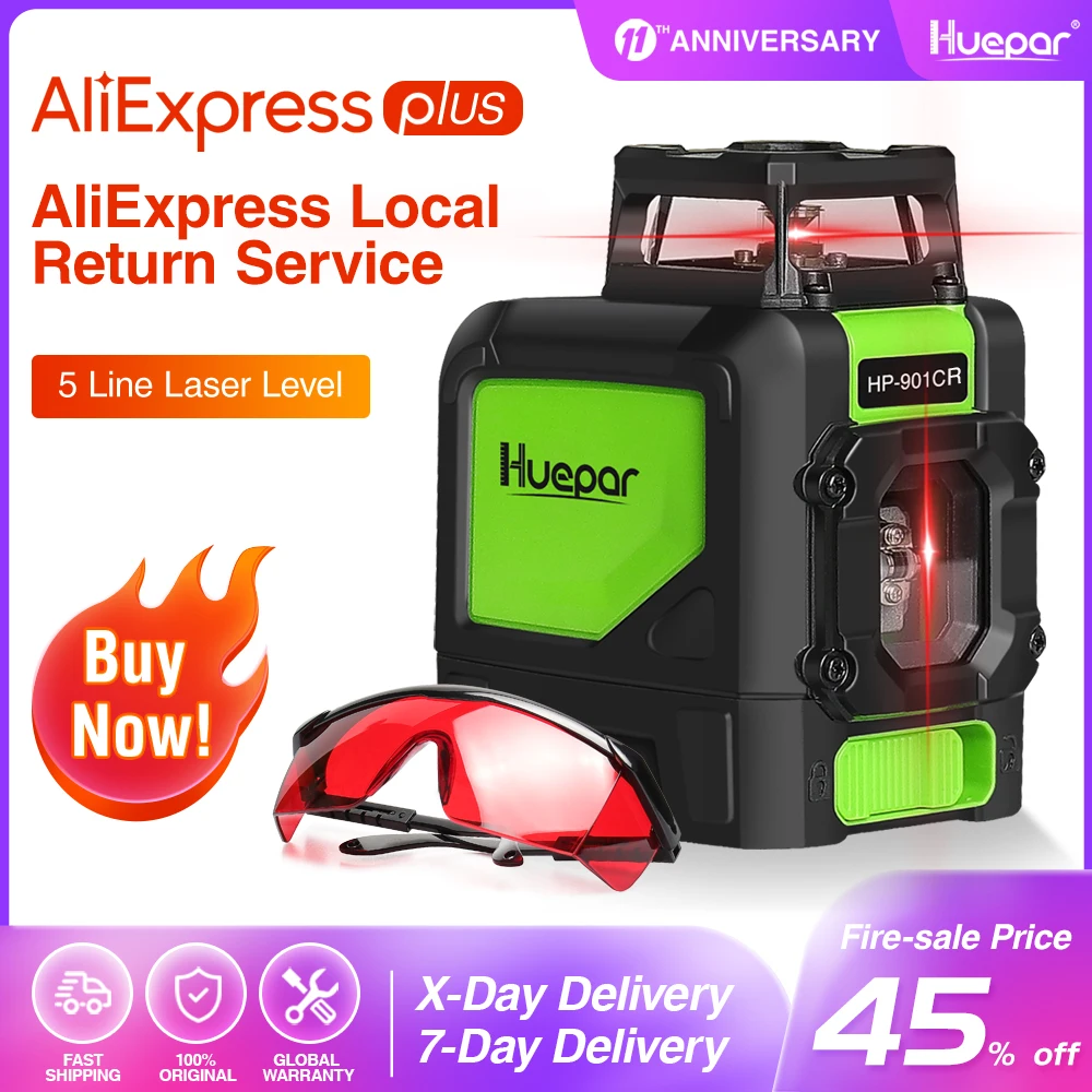 Huepar 5 линейный красный лазерный уровень перекрестная линия 360 вращающиеся