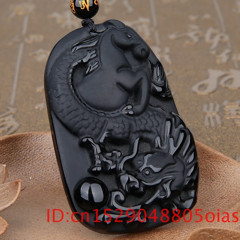 Ожерелье из натуральных черных бусин обсидиана ручная работа дракон лошадь