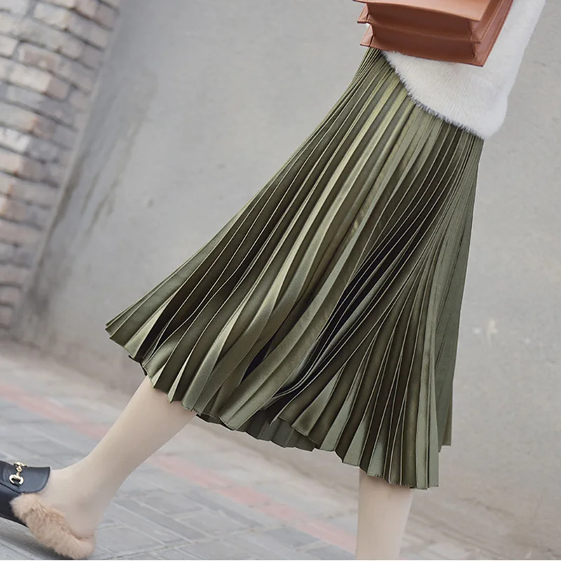 Army Green Qiuxuan блестящая металлическая длинная юбка женская плиссированная юбка осень зима эластичная высокая талия приталенная Повседневная Женская юбка миди - Цвет: Army Green