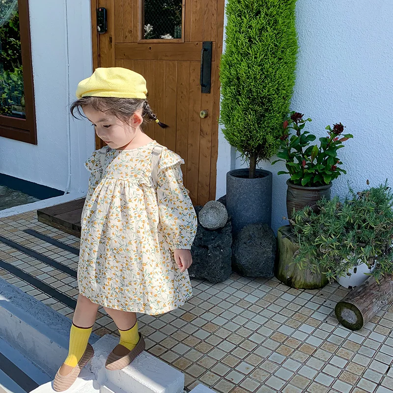 

Весенне-осеннее милое Хлопковое платье с цветочным принтом и оборками для девочек; Милое платье в пасторальном стиле с длинными рукавами дл...