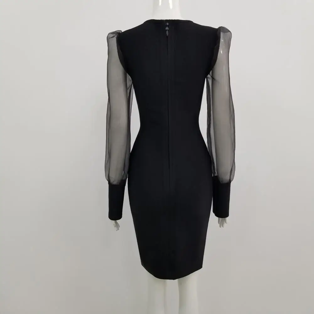 Hot Sale 2020 Sexy Long Sleeve Mesh Bodycon Rayon Black Winter Bandage Dress Designer Fashion Evening Party Vestido | Женская одежда