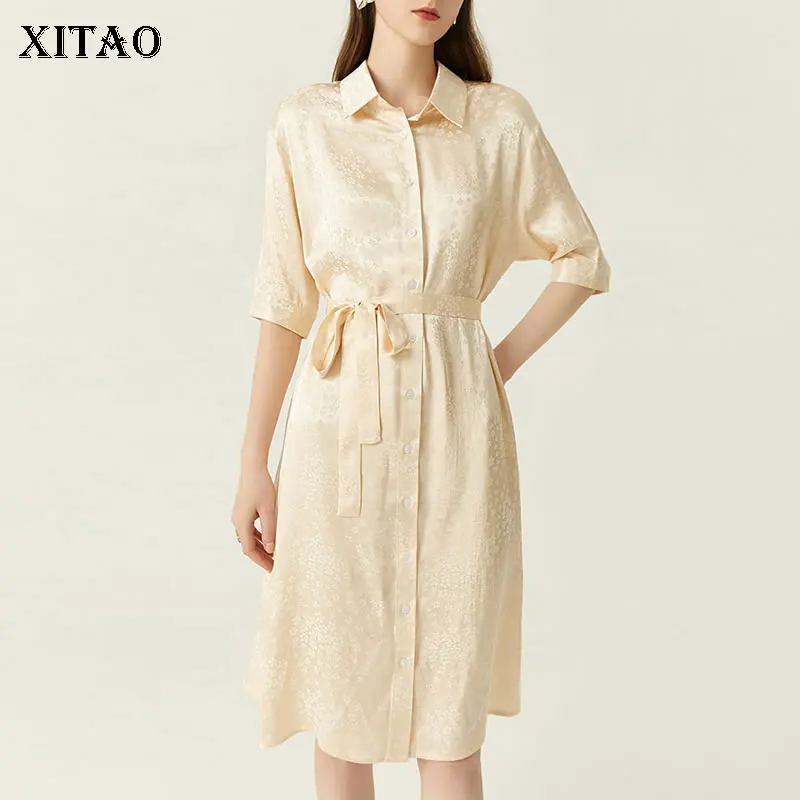 

XITAO Solid Color Jacquard Dress Bandage Temperament Three Quarter Sleeve Turn-down Collar Women Summer New Dress CLL1764