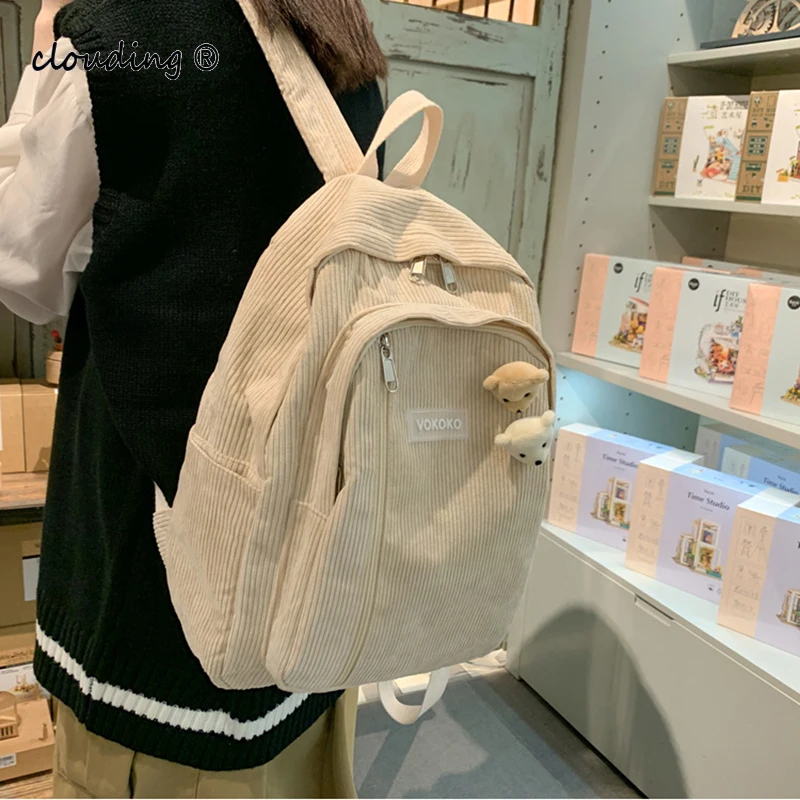 

Women's Kawaii Backpack Striped Corduroy Shoulder Bag Girls Casual School Bag Student Japanese Backpack