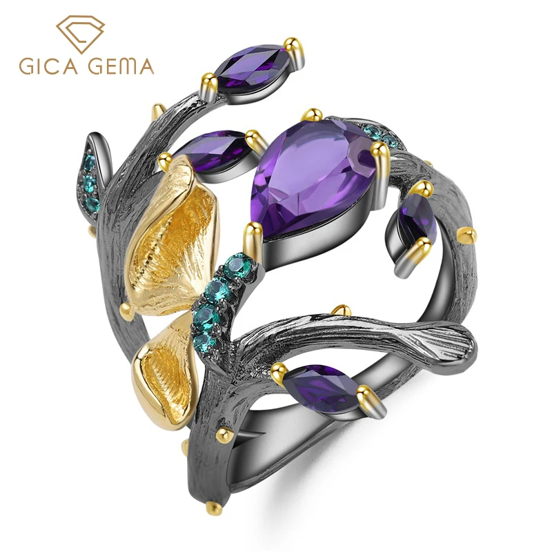 

GICA GEMA натуральный кольцо с аметистом для Для женщин 925 стерлингового серебра красочные Ювелирные изделия с драгоценными камнями скромная р...