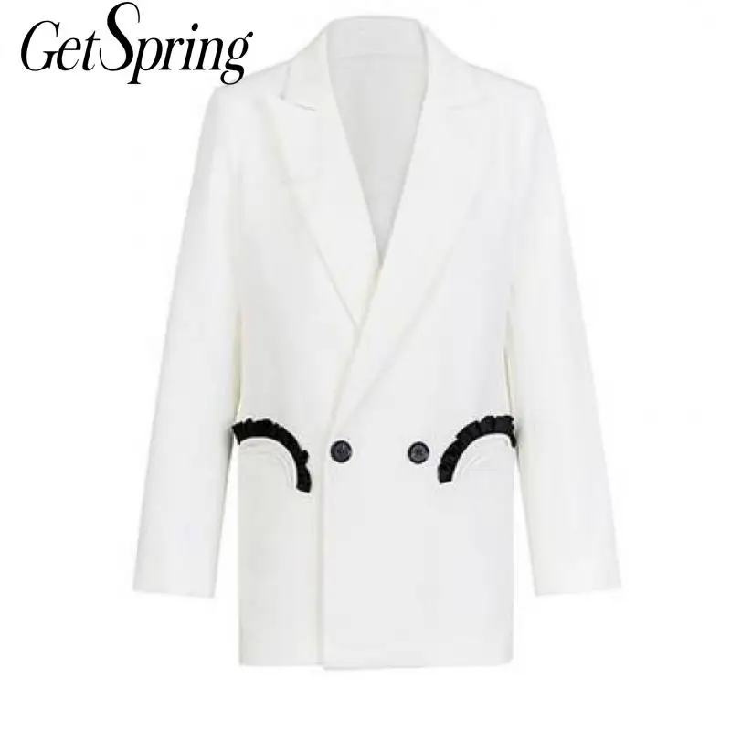 

Getspring Women Blazer Black White Color Matching Long Blazers Jackets Ruffle Patchwork Loose Casual White Suit Coats 2021 New