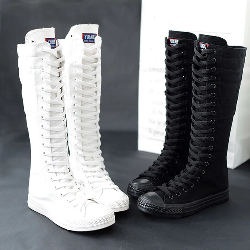 Весенние женские парусиновые сапоги до колена на шнуровке с перекрестной шнуровкой Женская обувь на плоской подошве на молнии размера плюс, белого и черного цвета женские повседневные кроссовки