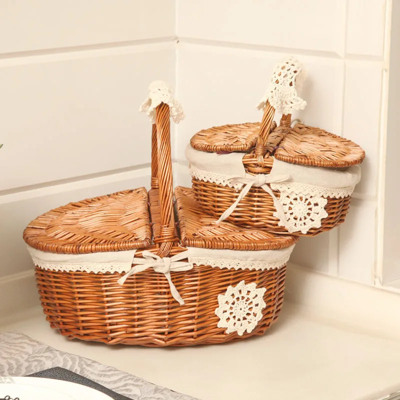 

wood color fruit rattan storage box Picnic wicker basket snack tea willow cloth fabric baskets with lid basket nordic storage
