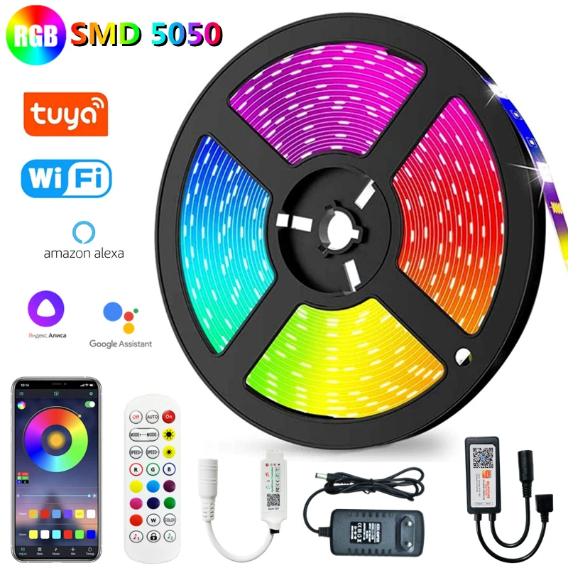 

LED Strip Tuya Luz RGB 5050 Flexible Ribbon Tape Luces Bluetooth Smart WIFI Control Work With Alexa Christmas Party Decor Light