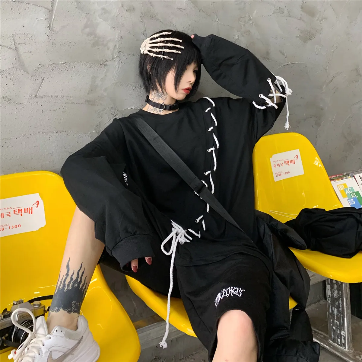 Yoji Темный ветер ins супер огонь Высокая уличная хип хоп личность diy привязанная полоса пропускания Свободный Длинный Рукав Толстовка для мужчин и женщин WGWY88
