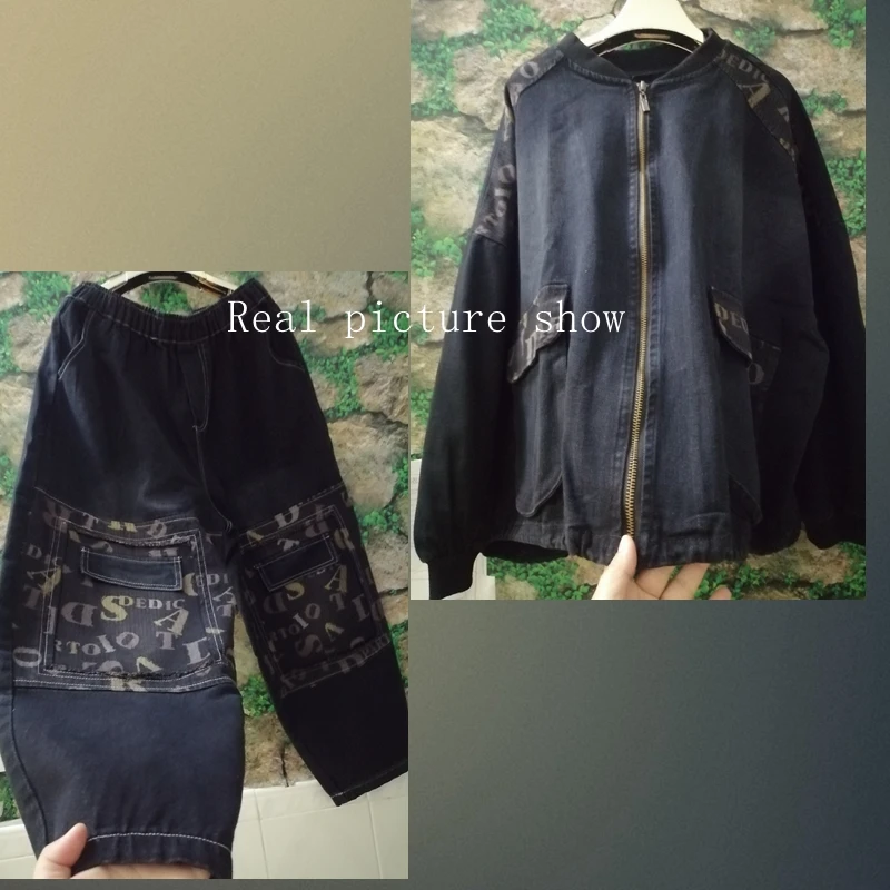 

Women's Loose Cardigan Slimming Denim Harem Pants Fashion Shirts And Jeans Female 2020 Autumn New Letter Printing Two-piece Set