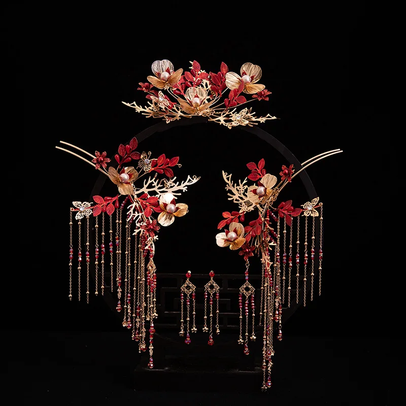 Древний костюм, тиара, свадебная, китайская, стильная, кисточка, феникс, корона, шпилька, венок, наряд для волос невесты.