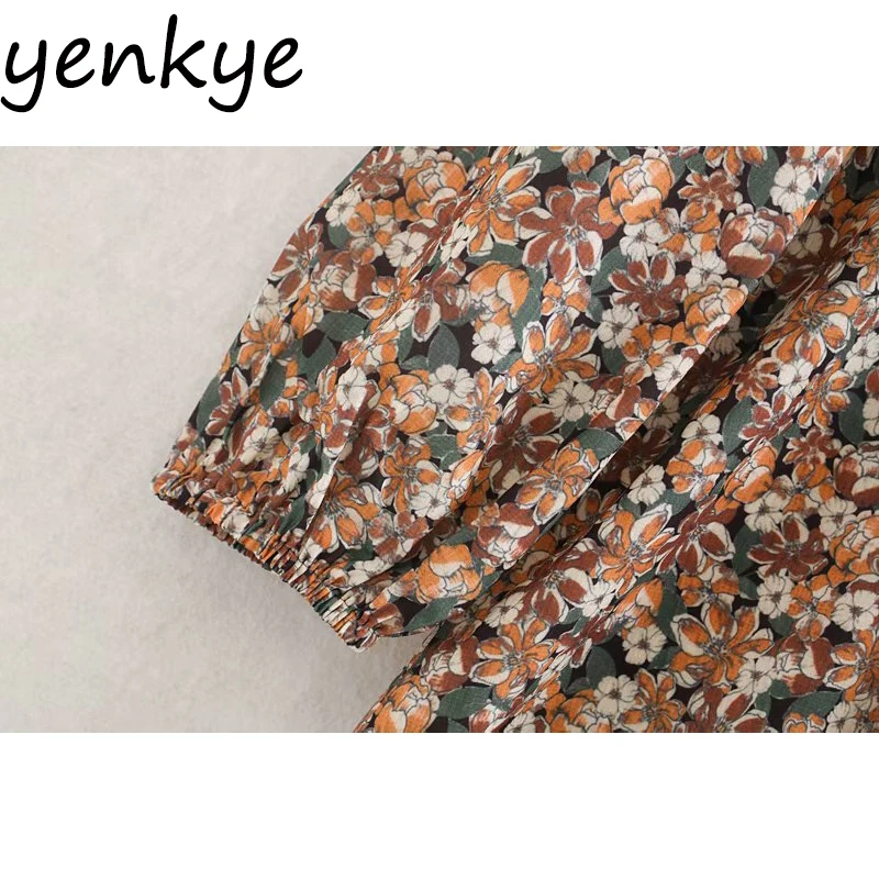 Женское винтажное платье с цветочным принтом длинным рукавом V образным вырезом