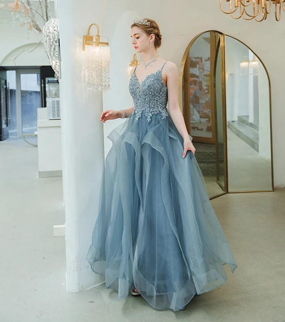 SSYFashion Новое романтическое синее вечернее платье, для банкета, элегантное, с v-образным вырезом, Appliuques, с блестками, в пол, вечернее платье Vestido De Noche