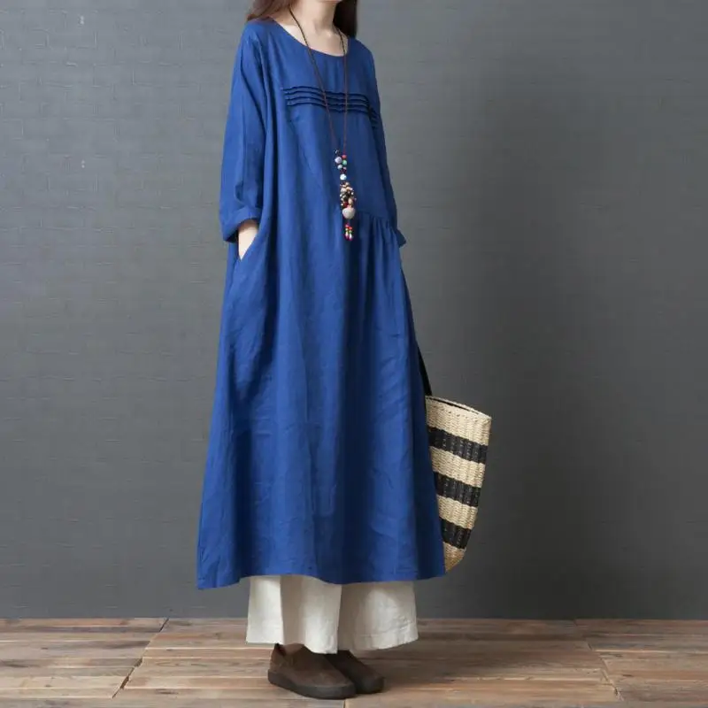 

2022 Autumn New Korean Loose Big Size Slim Simple Solid Color Casual Versatile Ethnic Style Women Linen Dress Tide Free Shipping