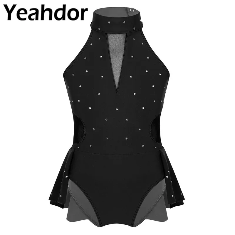 Kid Girls Sleeveless Sparkly Rhinestone Cutout Back Mesh Splice Leotard Dress for Modern Contemporary Ballroom Dance Performance |