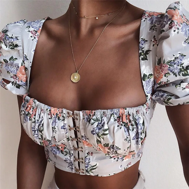 

Летний модный женский сексуальный укороченный топ с цветочным принтом Boho Ruched Puff Sleeve Slash Neck, Элегантные повседневные короткие топы 2020 Mujer