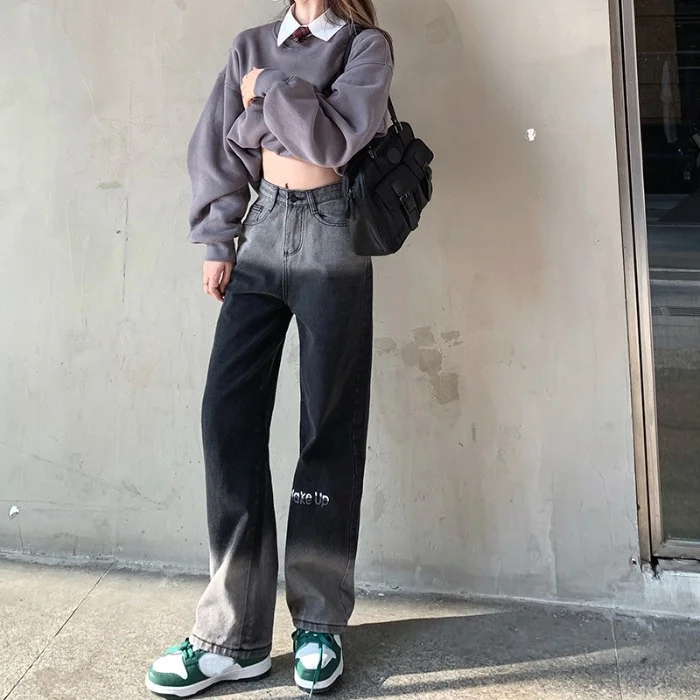 

Gradient Jeans Women's Loose Thin Washed Versatile Wide Leg Pants Autumn and Winter High Waist Dad Pants