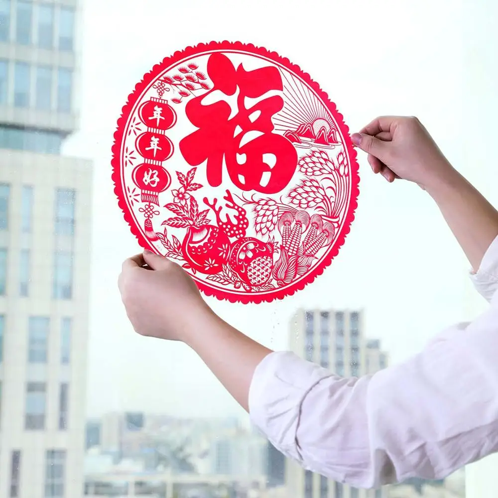 6 шт. китайские Новогодние украшения FU Blessing Word красные оконные наклейки бумажные