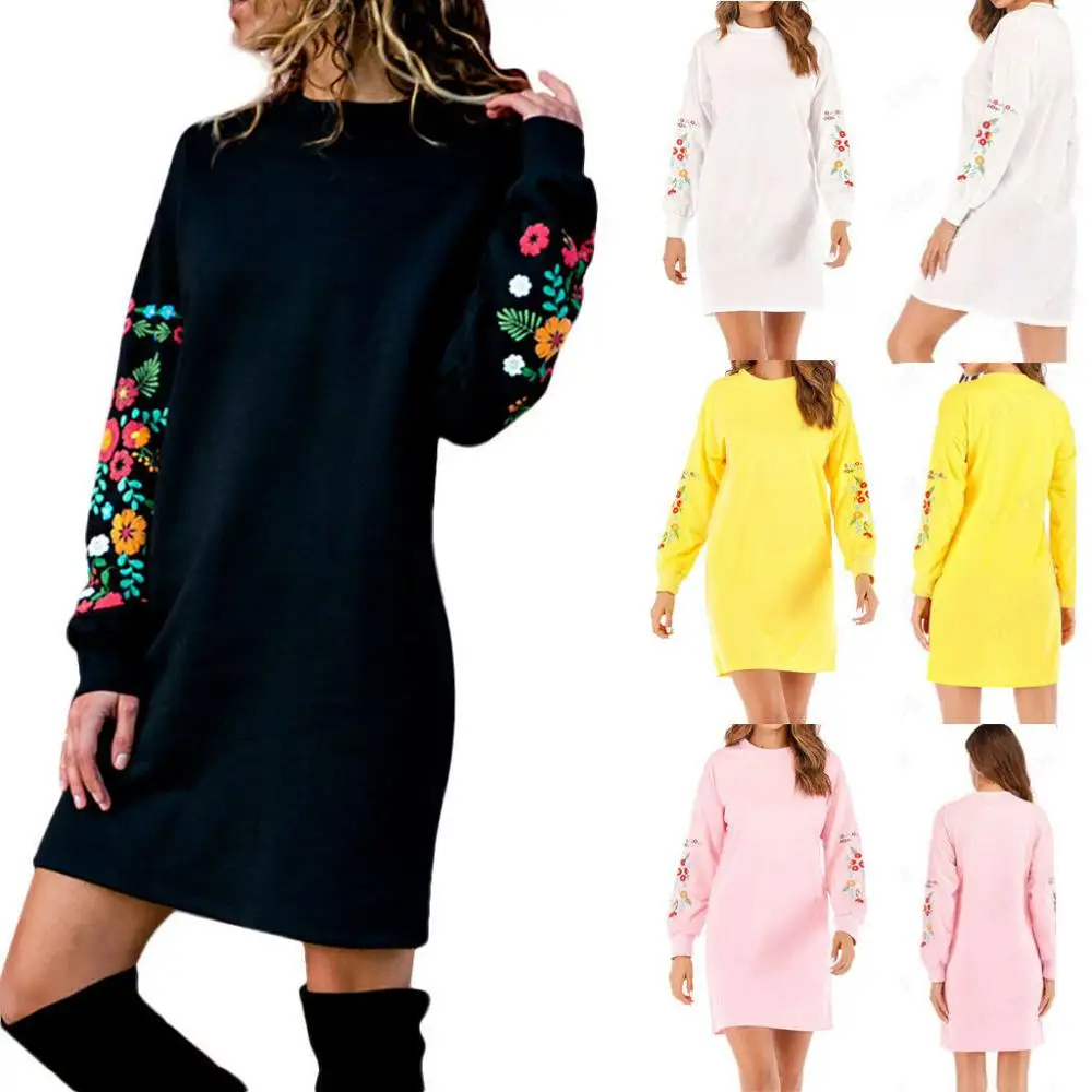 

Новинка, женское осенне-зимнее Повседневное платье-свитшот с длинным рукавом и цветочной вышивкой