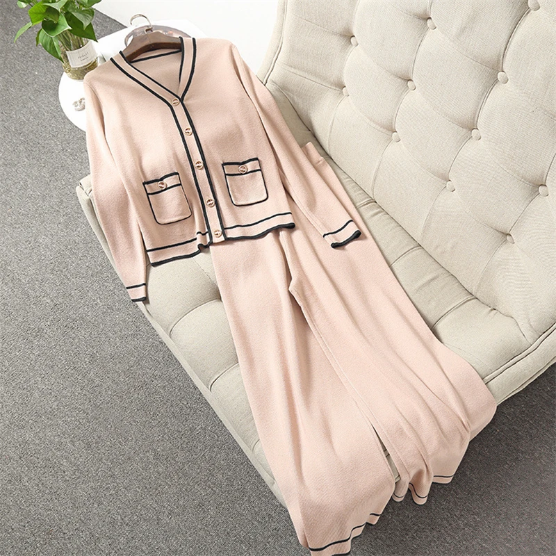 

Elegant Lady Autumn Winter 2 Piece Clothes Set Women Fashion Color Block Wool Sweater Cardigan Top Pants Suits Office Outfits