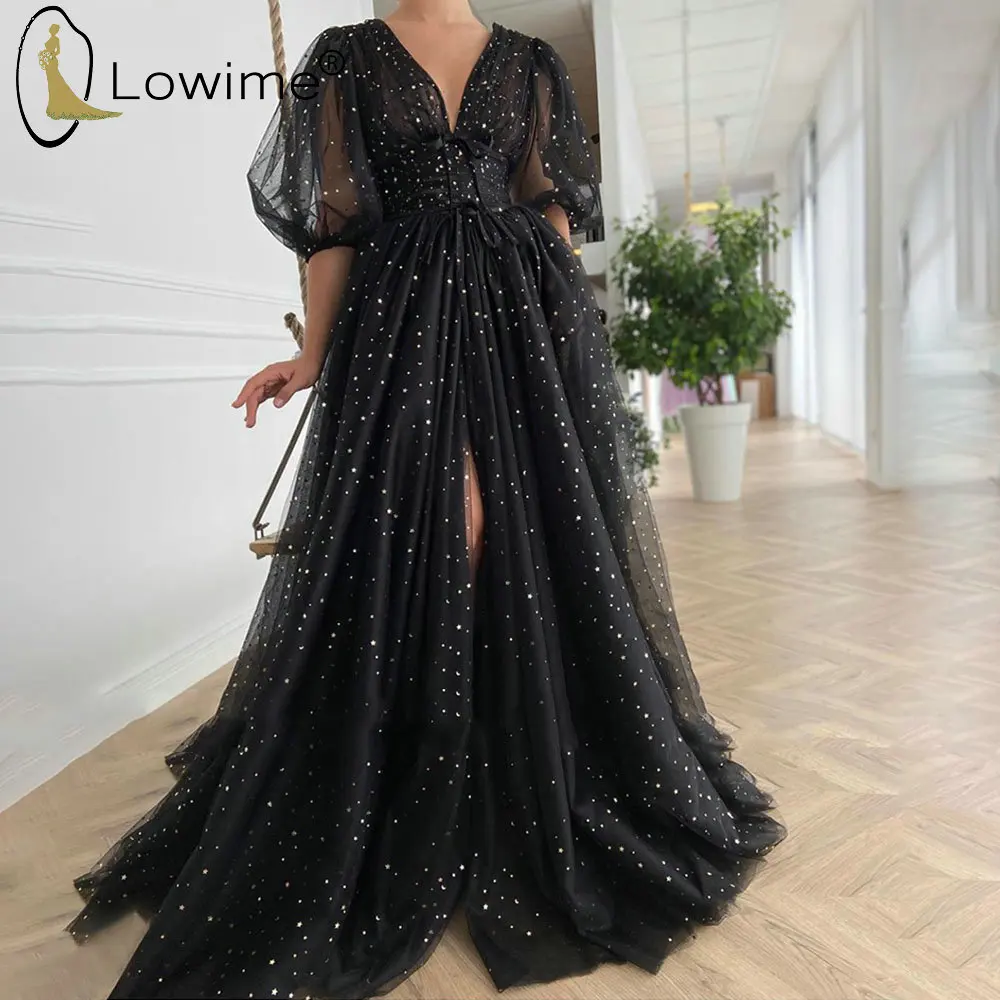 

Черные вечерние платья с коротким рукавом, глубоким V-образным вырезом и звездами, ТРАПЕЦИЕВИДНОЕ платье со шлейфом для выпускного вечера, Н...