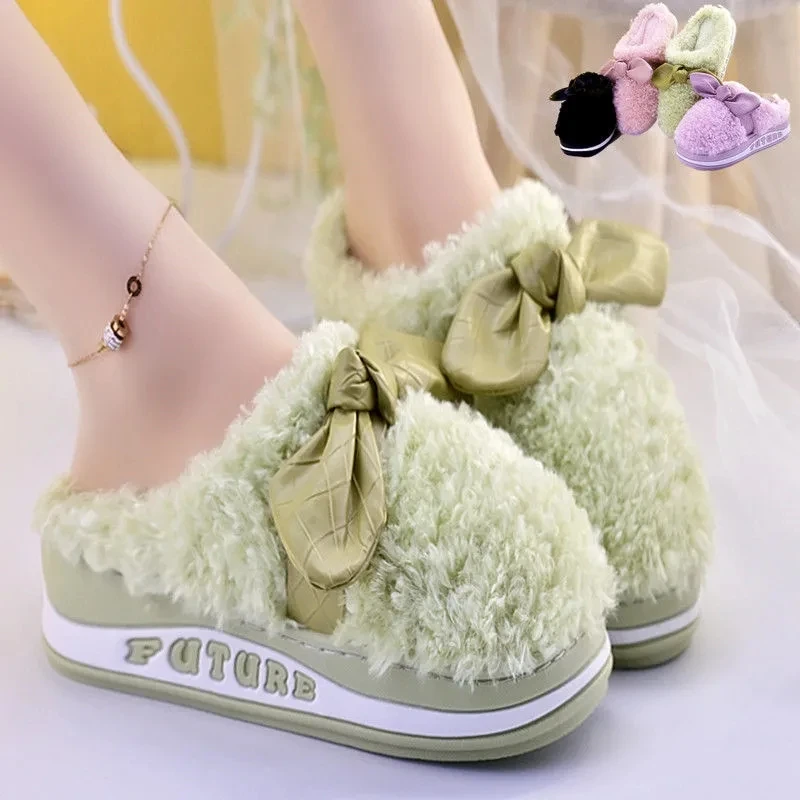 

Winter Green Girls Fur Slides Indoor Shoes For Women Home Slippers Thick Fur Warm Shoes Casual Footwear Female Cotton Slippers