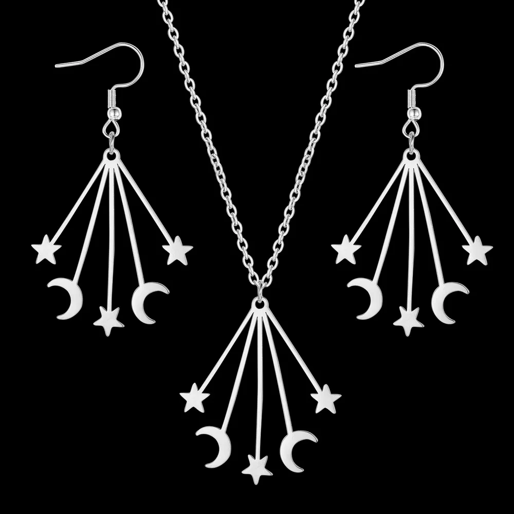 

Vnistar 100% Stainless Steel Minimalism Star Moon Tassel Earring Necklace Jewelry Set Women Wholesale Dropshipping