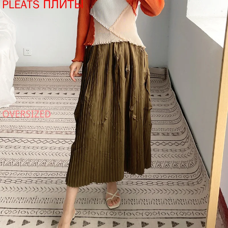 

Плиссированная Женская юбка Miyake, длинная юбка из тонкой ткани с высокой талией на осень и зиму, в Корейском стиле