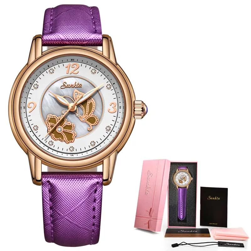 Rose gold Purple SUNKTA Модные Простые Женские часы женские часы-браслет керамические кварцевые наручные часы водонепроницаемые часы Montre Femme+ коробка - Цвет: Rose gold Purple