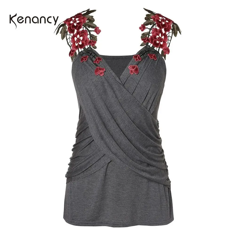 Женская Повседневная майка Kenancy летний топ без рукавов с кружевом и V образным