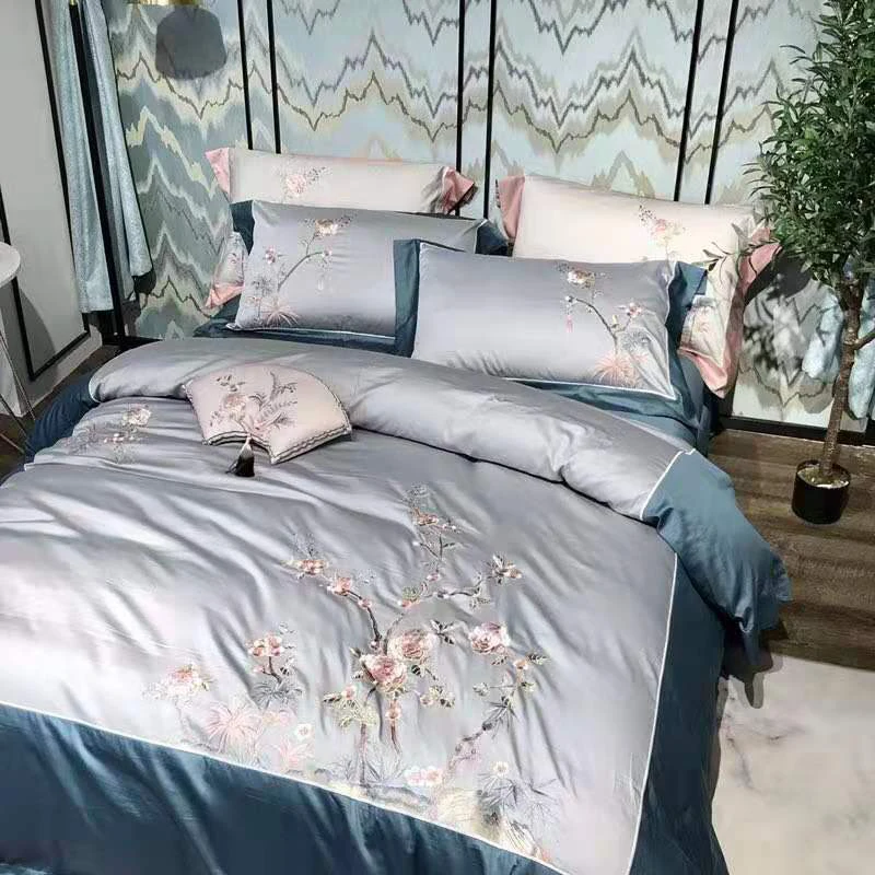 Chic Chinoiserie style Flowers Embroidered Gray Blue Duvet Cover set 600TC Egyptian Cotton 4Pcs Bedding Bed Sheet Pillowcase | Дом и сад
