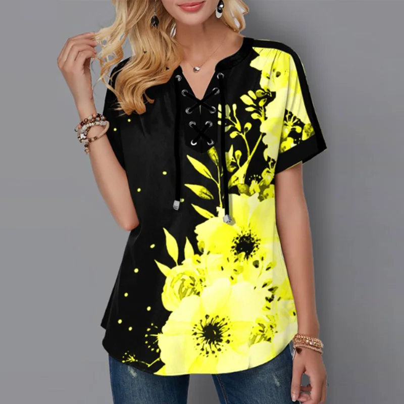 

Elegant Floral Print Dot Print Blouses Shirts Women Harajuku Drawstring Short Sleeve Tops Fashion Summer V Neck Blusas Pullover