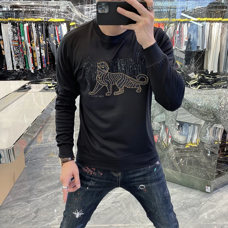 

Fashion Printed Tee Shirt Homme Men's Long Sleeve Slim Fit Casual Top Mens Vetement Homme Luxury Autumn Tide Brand Hot Diamond