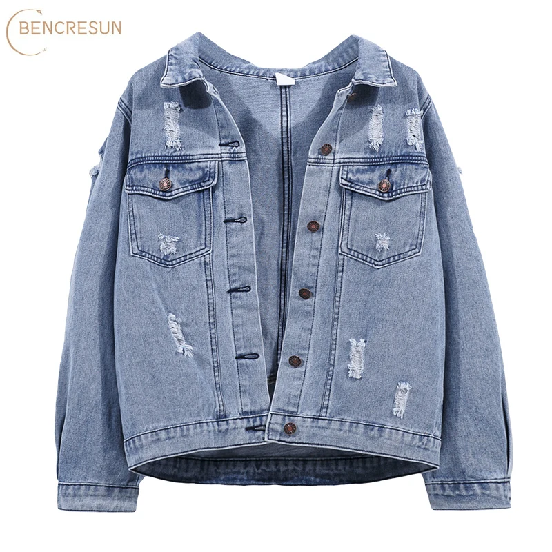 

Women Fashion Oversized Frayed Denim Jacket Jean Coat Pocket Back Printing Sequins Outerwear Bow Chic Tops Autumn and Spring