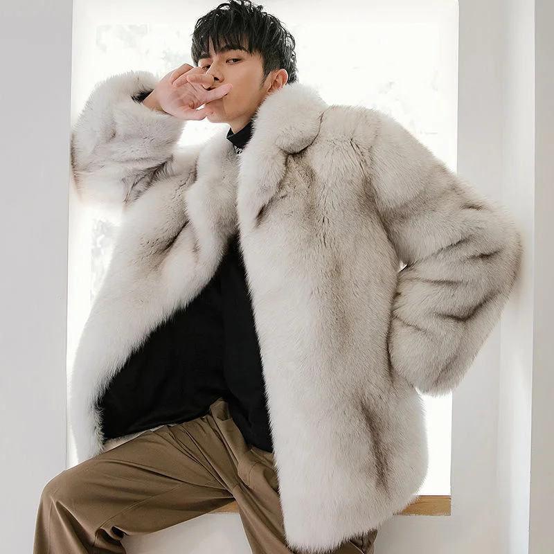

Мужская теплая куртка из искусственного лисьего меха, с длинным рукавом и отложным воротником