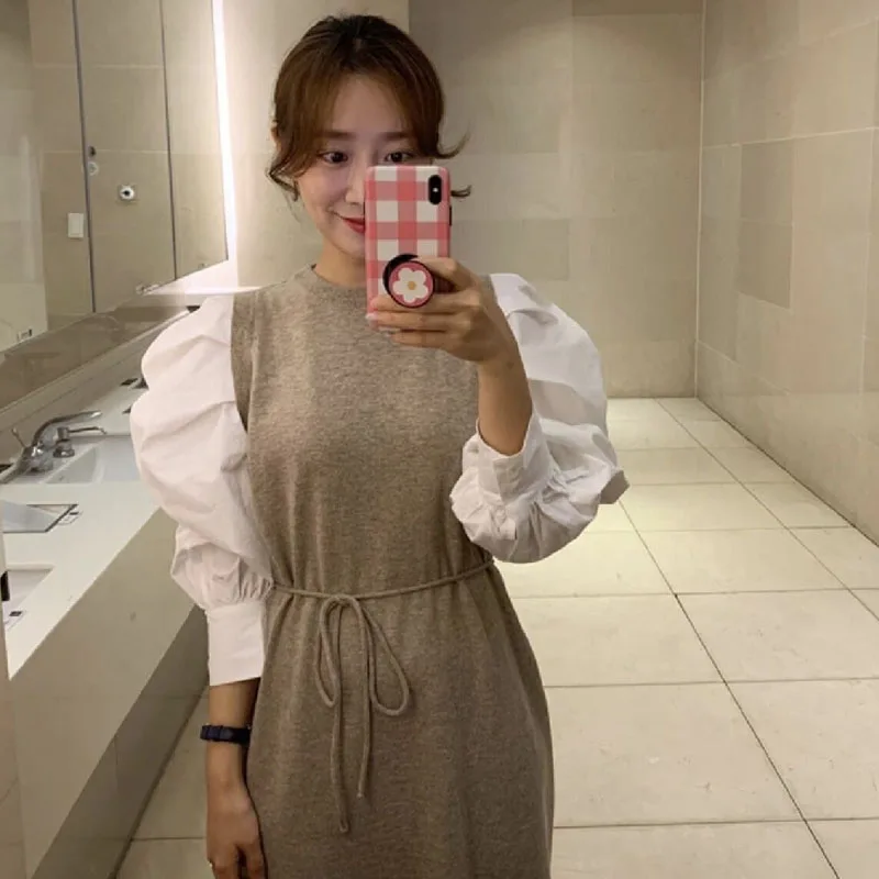 

One-Piece 2020 New Autumn Winter Casual Sweet Women Long Sleeve Knitting Dress Loose Casual Puff Sleeve Pullover Sweater Dresses
