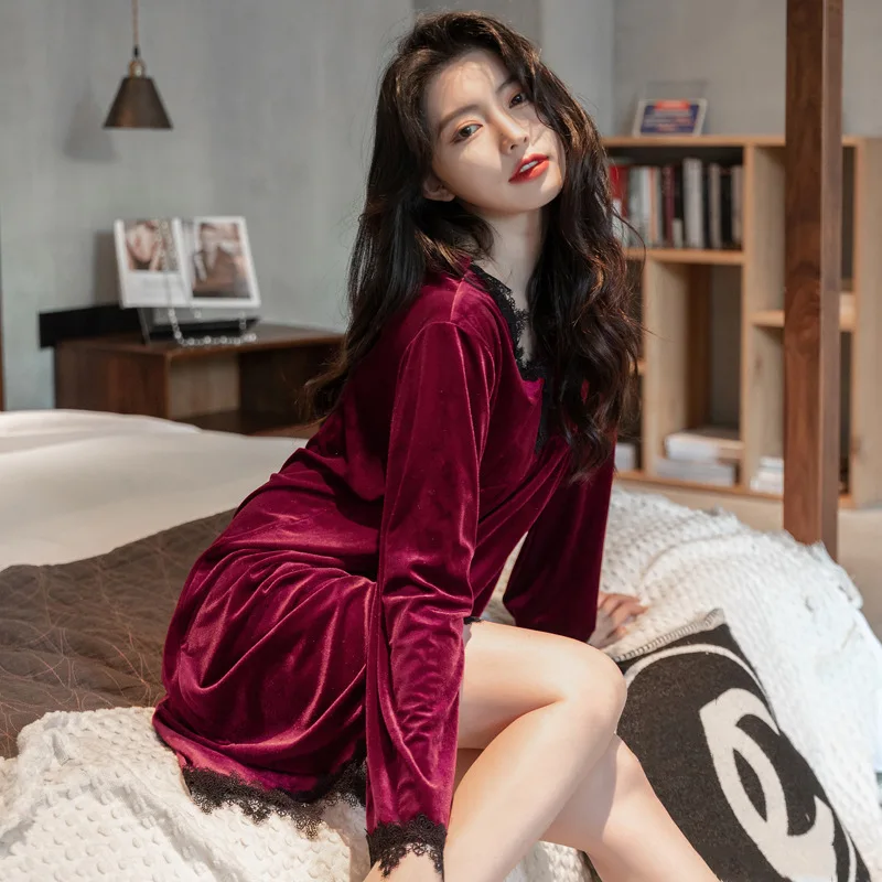 

New Velour Nightgowns Women Autumn Sexy Lace Nightdress Long Sleeve Daily Lounge Dress Home Clothes Leisure Sleepwear Negligee