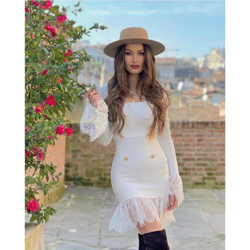 

Women's Fashion Square Neck Splicing Lace Long Sleeve Dress