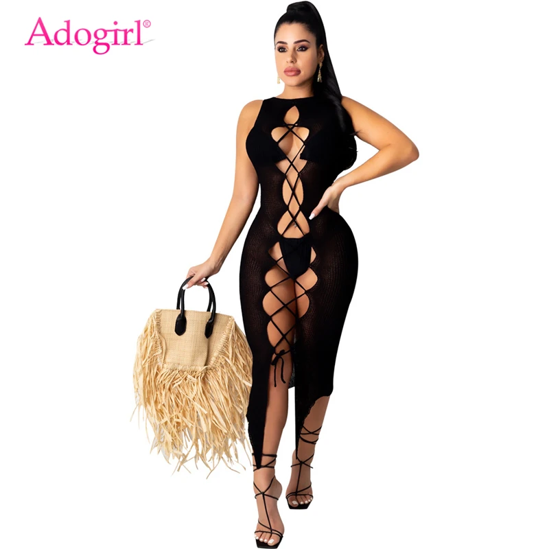 Женское облегающее платье миди с перекрестными ремешками на шнуровке Adogirl