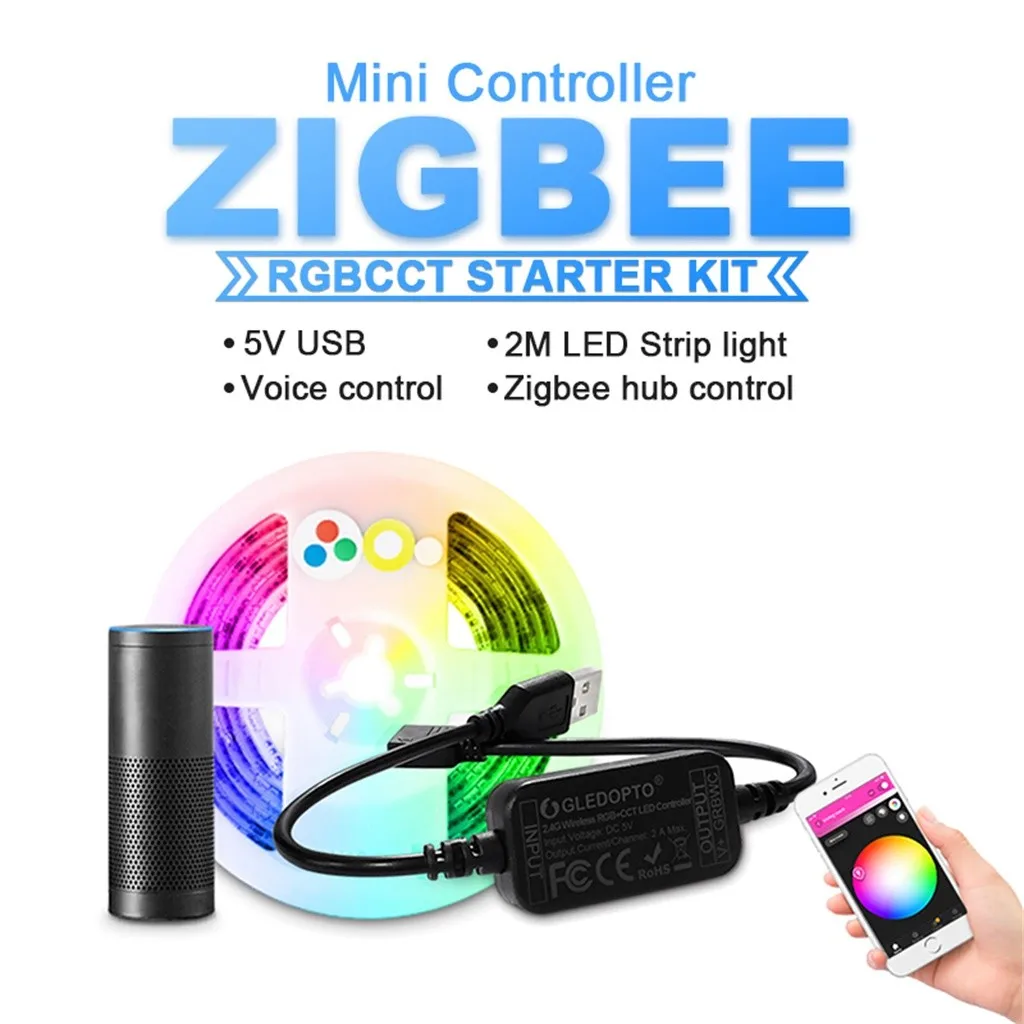 2 м умный светодиодный 5 в ZigBee мини RGBCCT светодиодный светильник в полоску контроллер Набор Умный домашний светильник#909