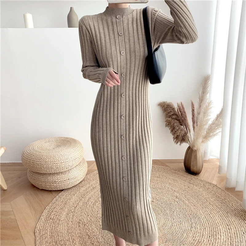 

2021 Korean Style Autumn And Winter New Mid-length Knitted Bottoming Dress Sweater Long Over The Knee Pullover