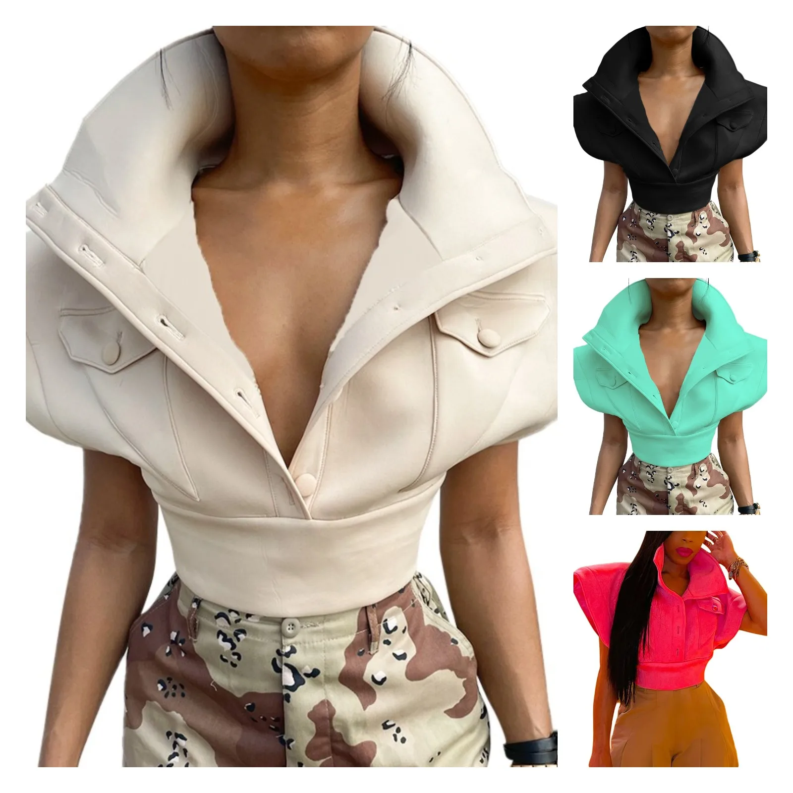 

Female Coat, Ladies Solid Color Stand Collar Fly Sleeve Short Tops Jacket for Summer Fall, Apricot, S/M/L