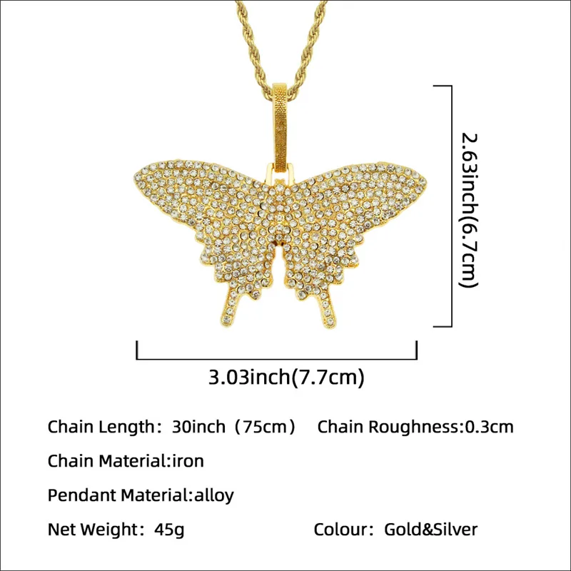 

Butterfly Pendant Charm 30in Miami Curb Cuban Chain Hip Hop Necklace Rapper Gift Rock Men Women Jewelry