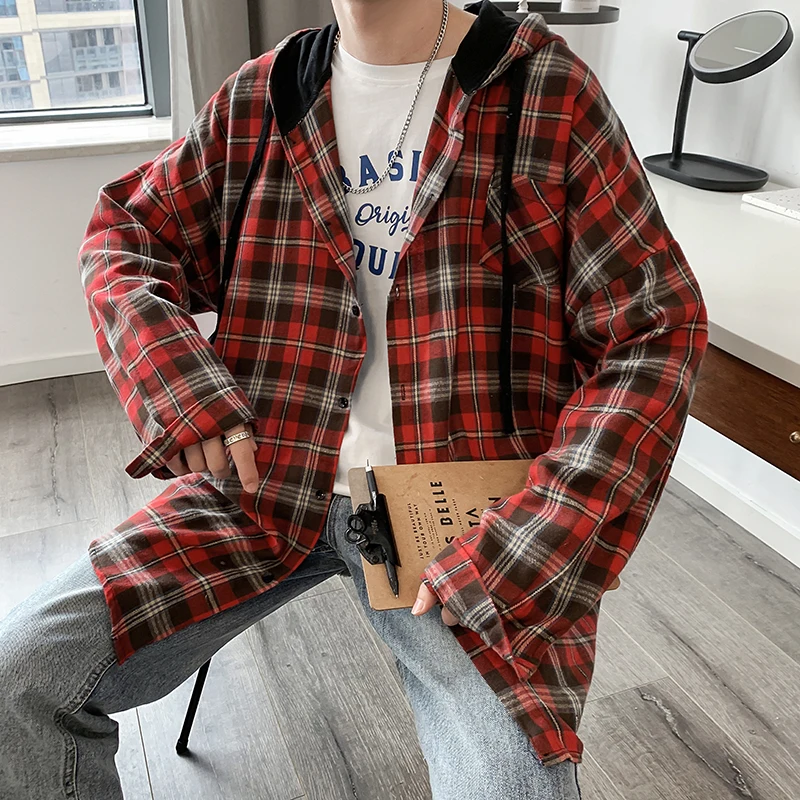 Шотландский мужской длинный рукав плед рубашки для мужчин с капюшоном рубашка